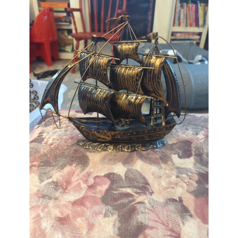 Vintage Metal Decorative Shelf Sitter Clipper Ship Dark Gold And Black Tones